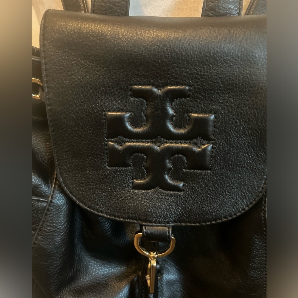 Tory Burch Black Leather Logo Drawstring Backpack - Picture 5 of 16